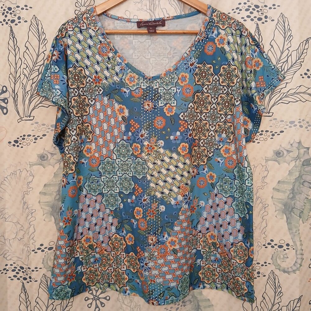 Gloria Vanderbilt Women’s Bohemian Rhinestone Short-Sleeve V-Neck Top XL
